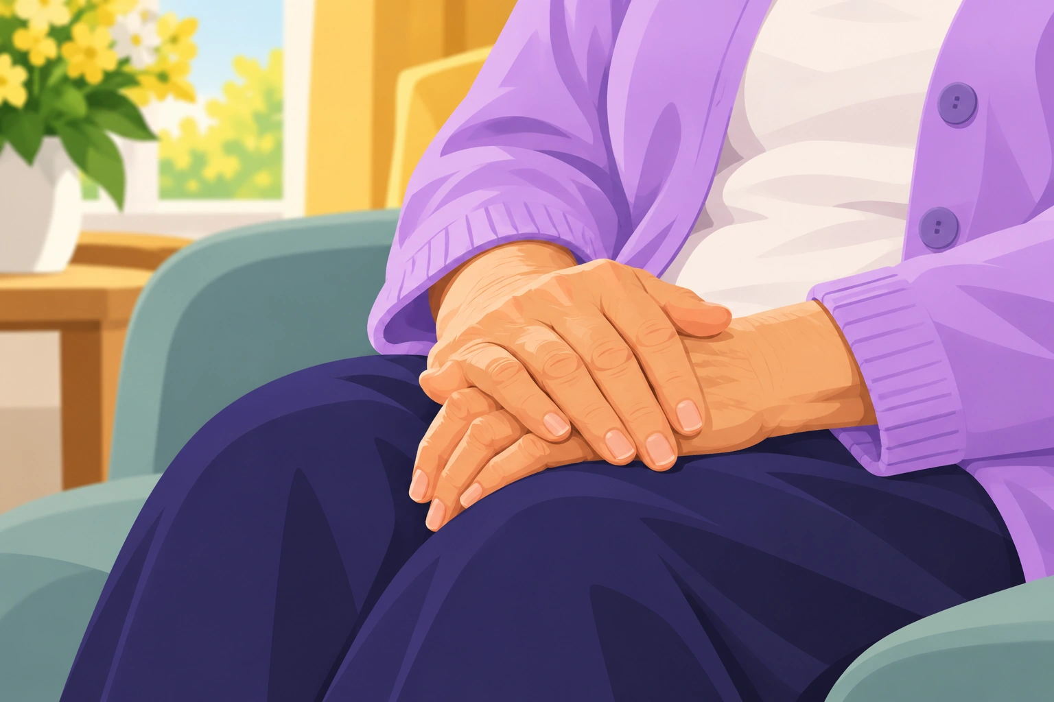 Illustration: an older person's hands resting together in their lap.
