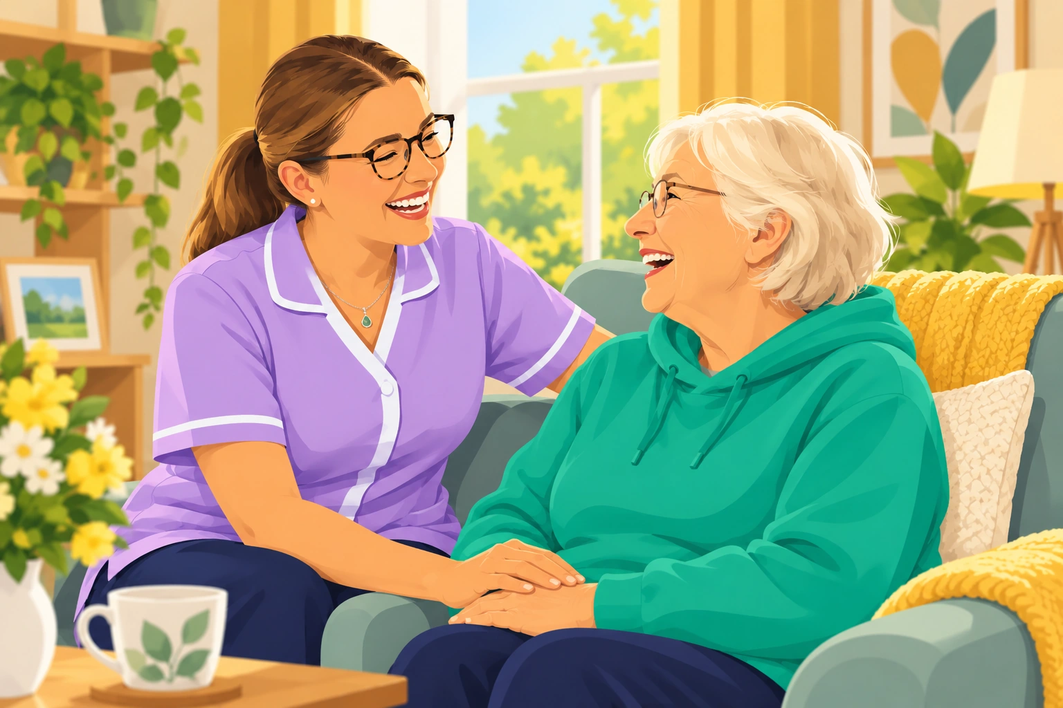 Illustration: a carer sharing a laugh and holding an older woman's hands in a sunny living room.