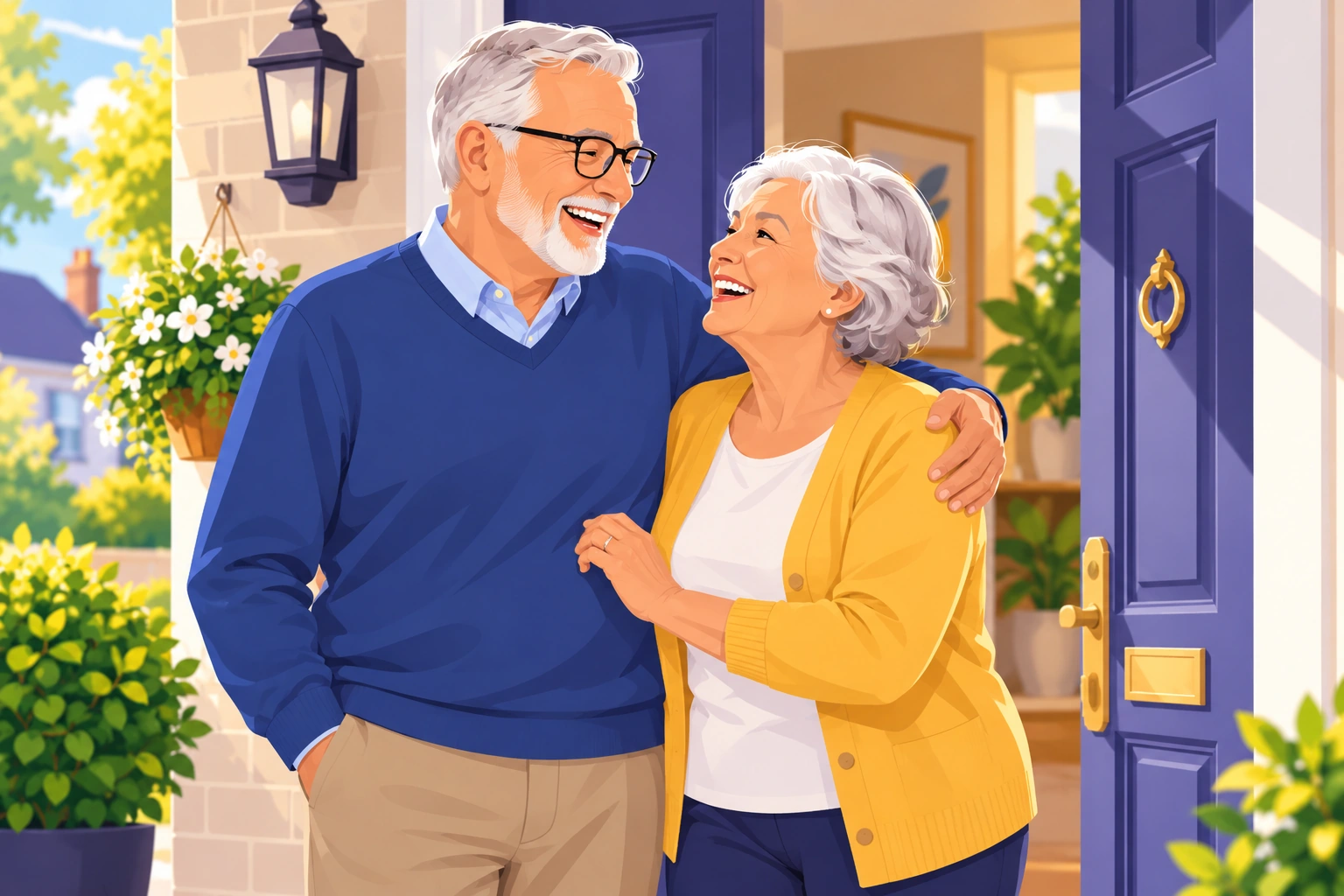 Illustration: an older couple laughing together outside their front door.