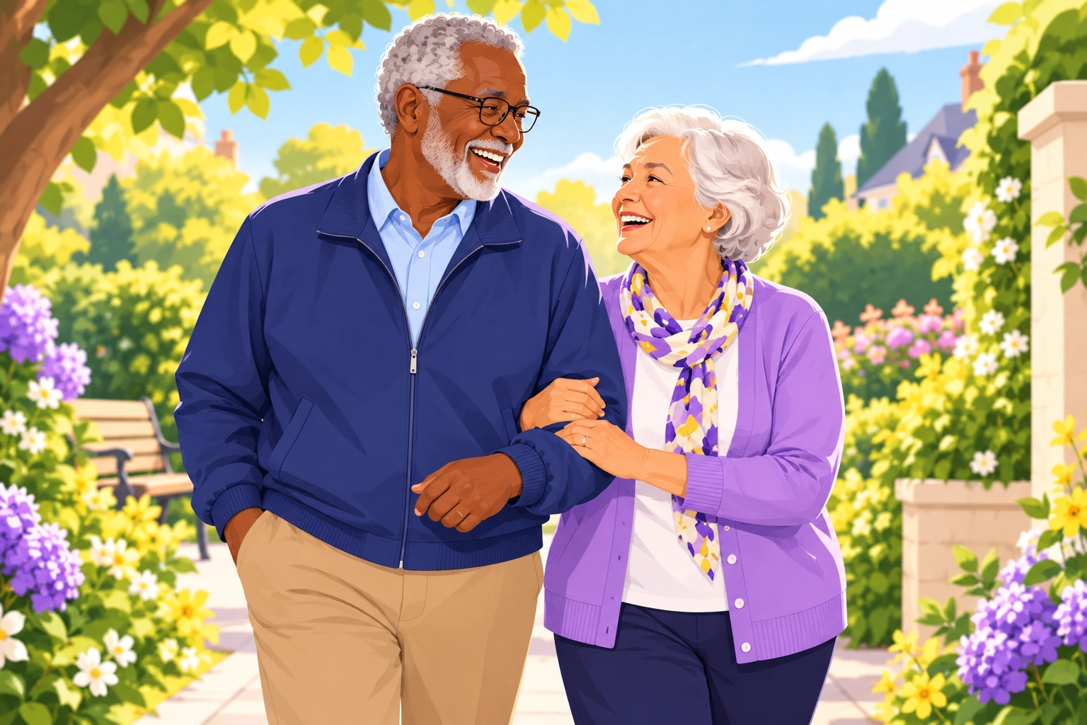Illustration: an older couple walking arm in arm through a flower-filled garden.