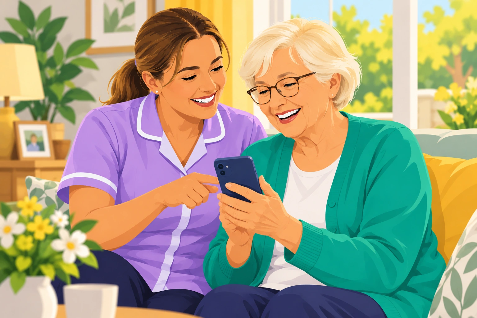 Illustration: a carer helping an older woman use a smartphone in her living room.