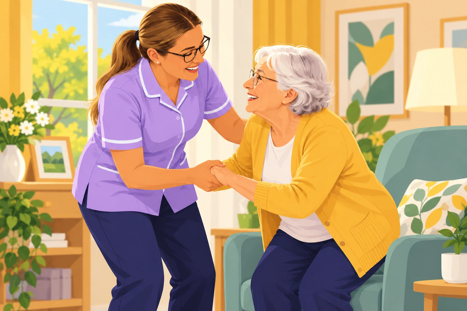 Illustration: a carer supporting an older woman as she rises beside her armchair.