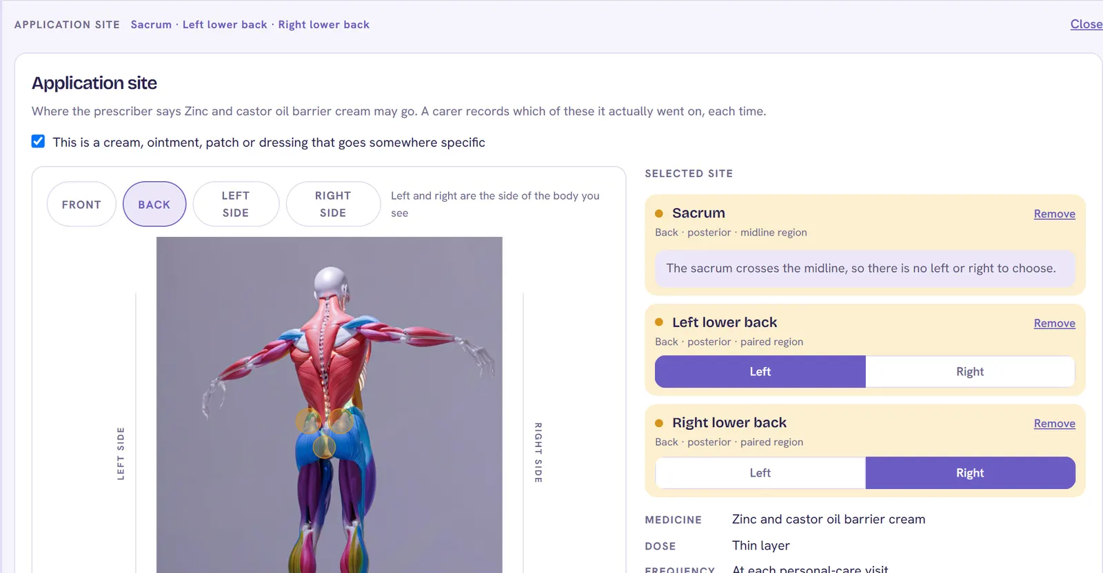 Nanum platform: the office records exactly where and how a cream is applied, on a body map