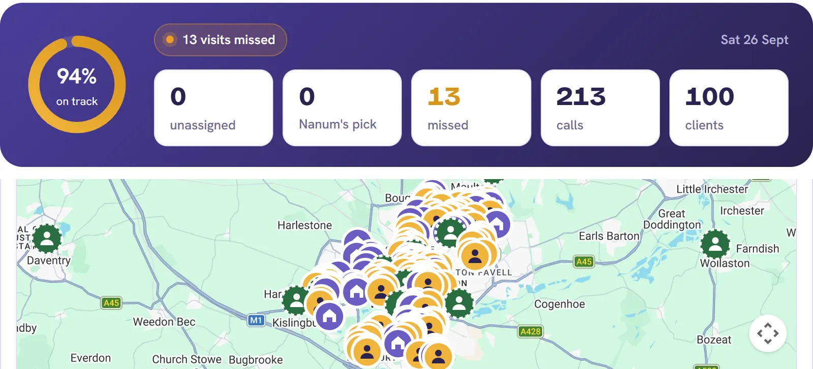 Nanum dashboard: today's visits on track, missed and Nanum's picks above a coverage map of clients and carers