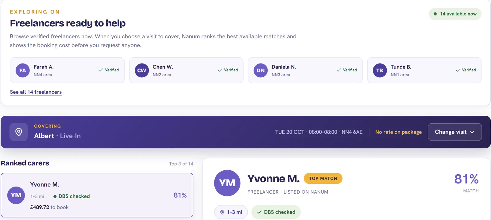 Nanum Find carers: verified freelancers near a visit, ranked, with the booking cost shown
