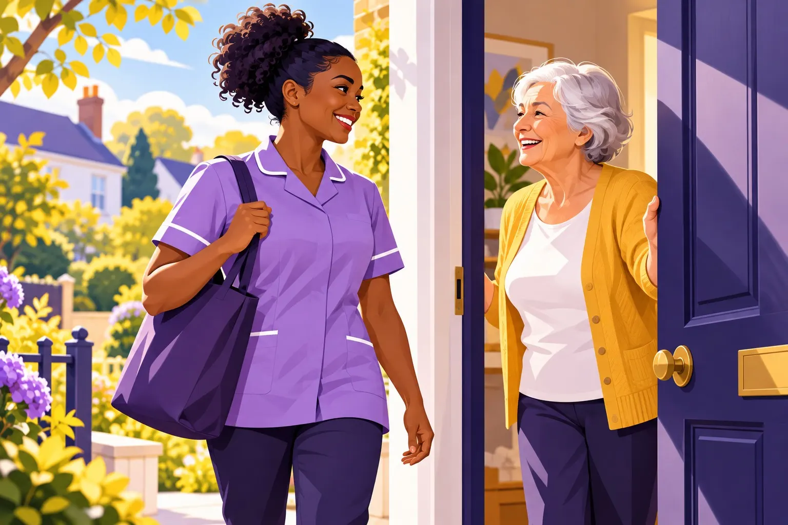 Illustration: a carer arriving at a front door, greeted by a smiling older woman