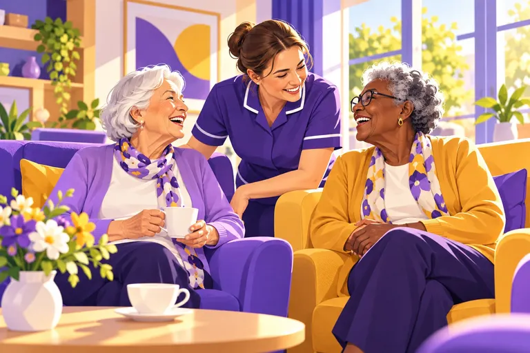 Illustration: two residents laughing with a member of staff over tea in a care home lounge