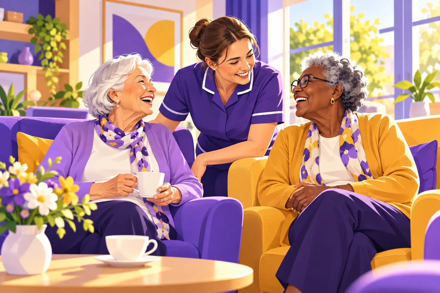 Illustration: two residents laughing with a member of staff over tea in a sunny care home lounge