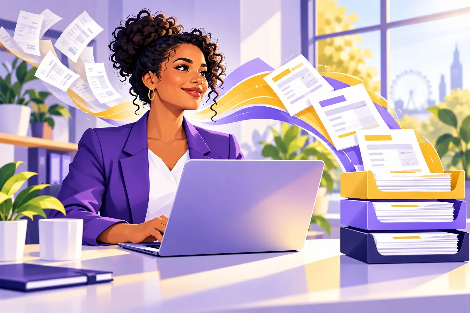 Illustration: an office manager at a laptop as invoices flow neatly into trays