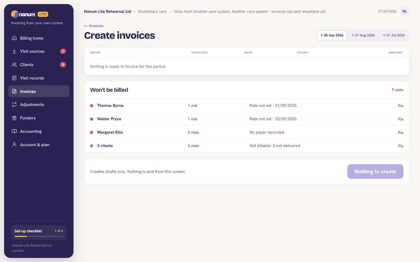 Nanum Lite create invoices screen: a Won't be billed list showing a rate not set, no payer recorded and visits not delivered, each with a Fix link