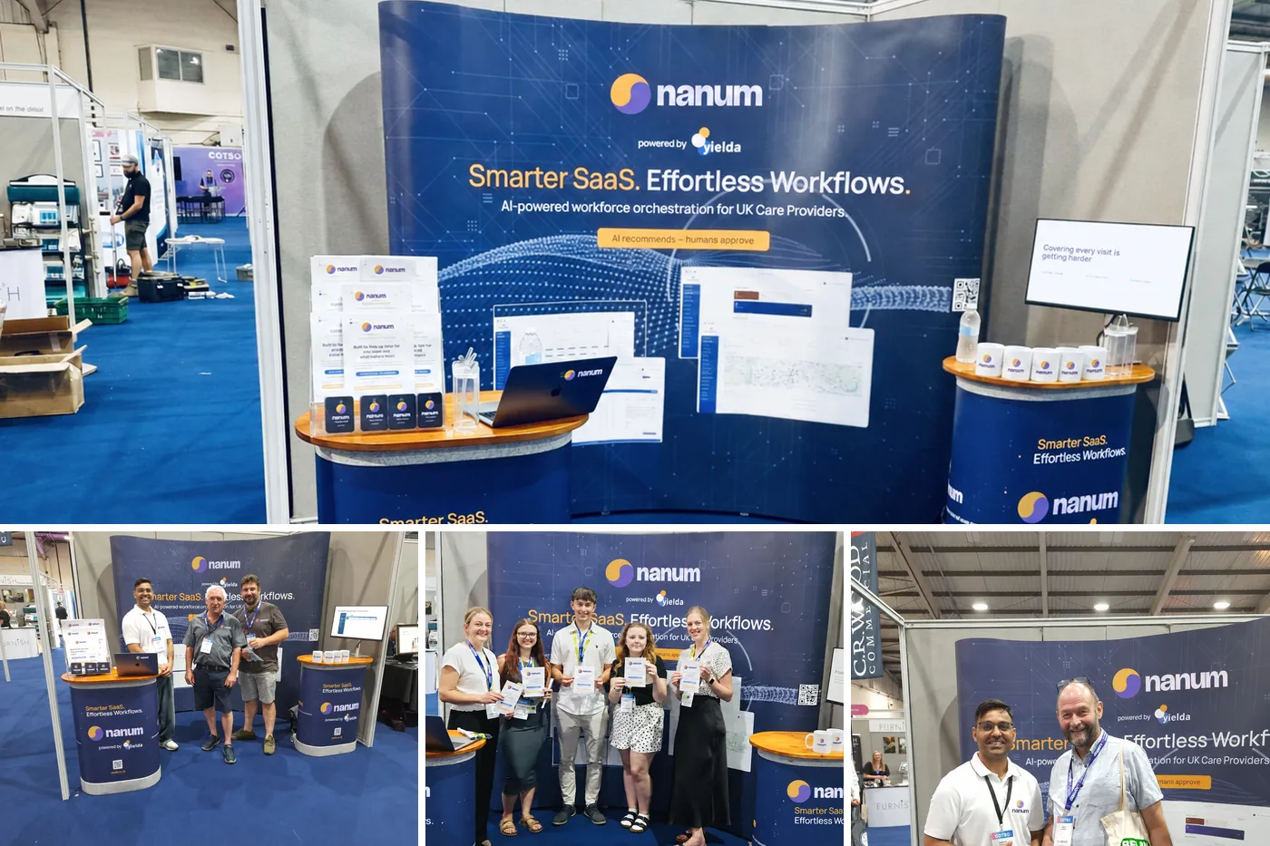 Photographs from COTS 2026: the Nanum stand on its own, the team with visitors, and a group holding Nanum leaflets