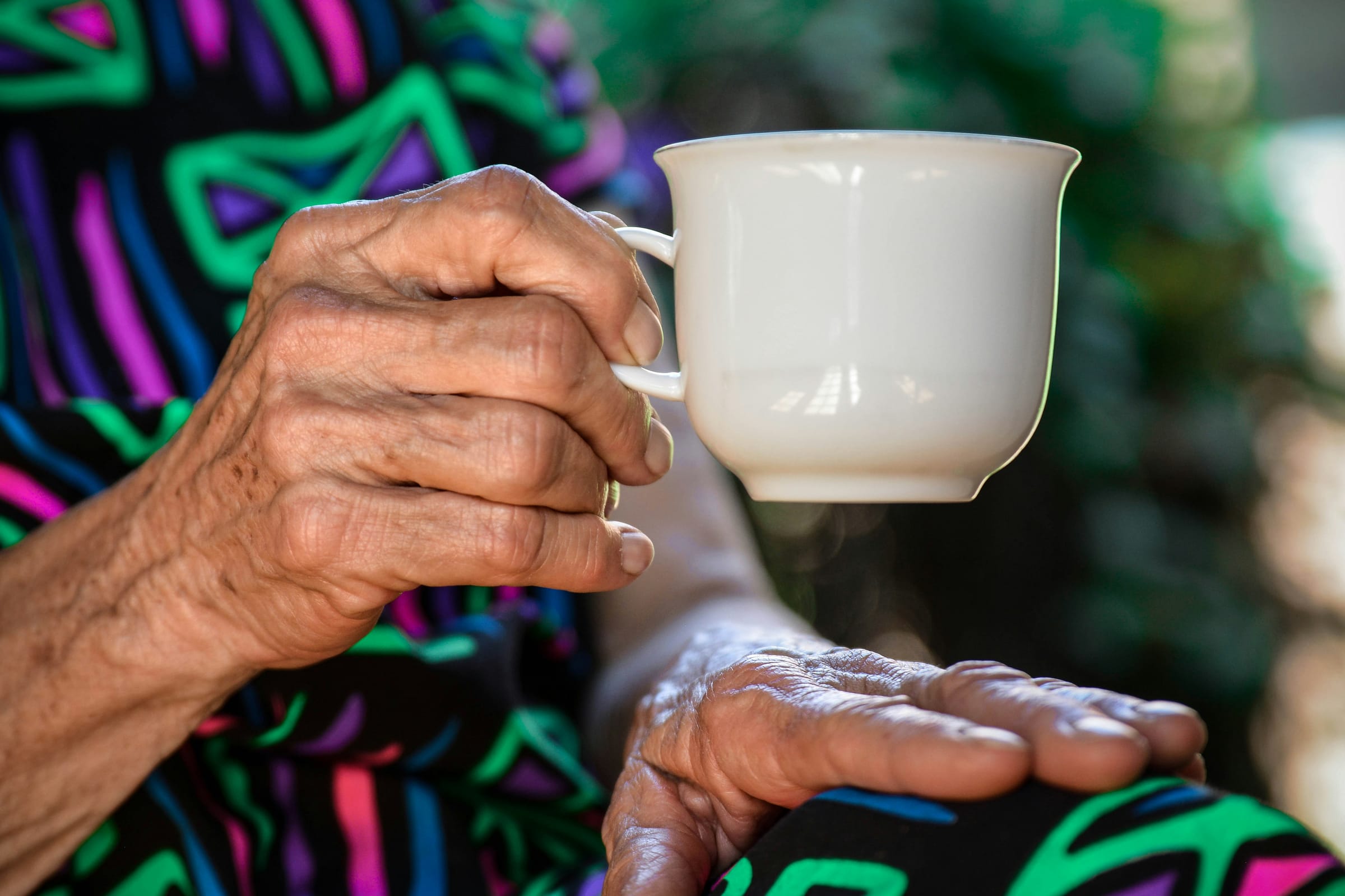 An older person's hands holding a plain white teacup