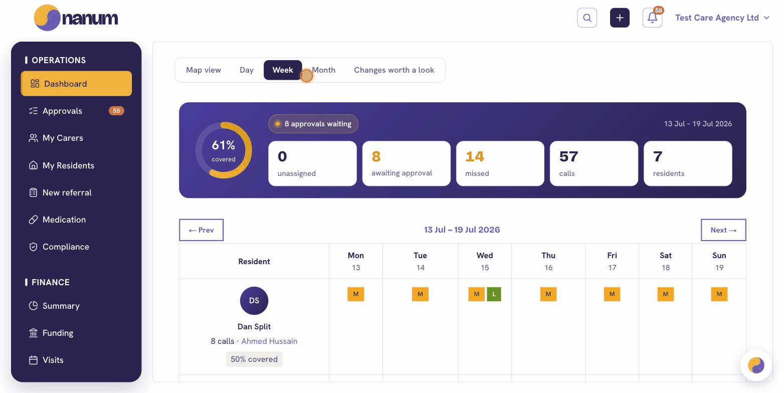 Real screens · Test Care Agency, app.nanum.co.uk