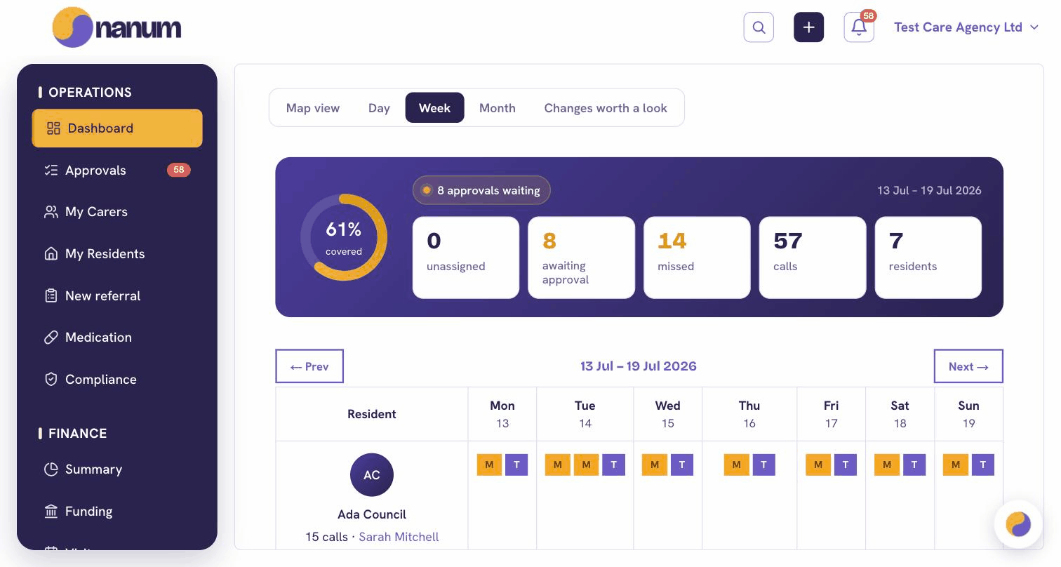 Real screens · Test Care Agency, app.nanum.co.uk